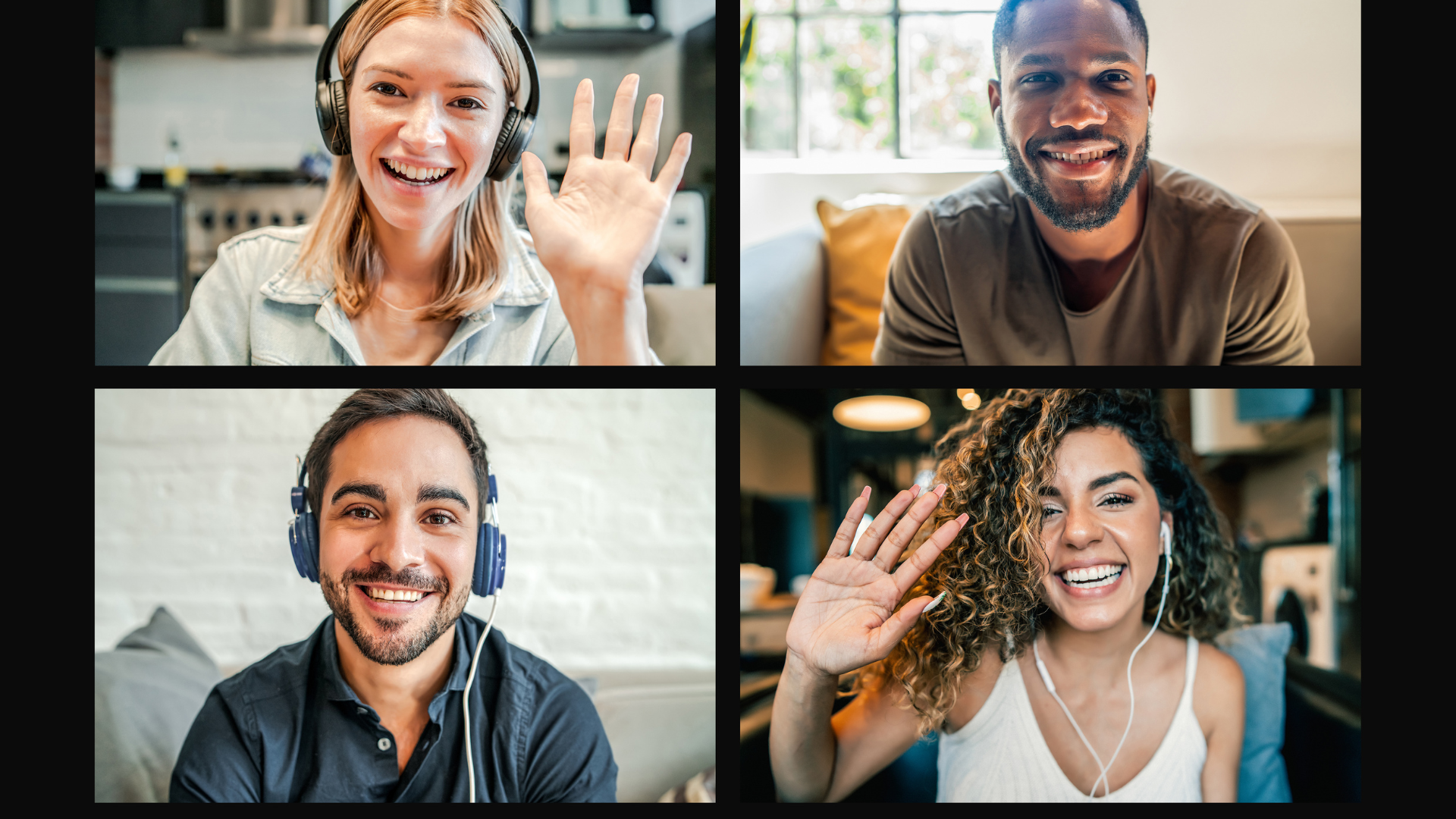 Four mentors in a video-chat grid, each smiling and waving.