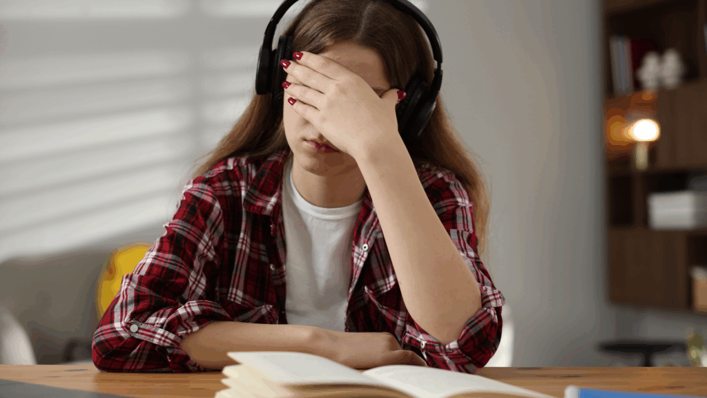 Teen girl in a plaid shirt and headphones covers her face while studying, showing stress and frustration.