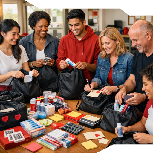 Diverse volunteers pack black drawstring backpacks with hygiene items, snacks, school supplies, and handwritten encouragement notes at a community kit-building table in warm natural light.