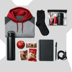Flat-lay of basic needs care package items for teens including a hoodie, socks, hygiene kit, water bottle, snacks, notebook, pen, and phone charger, arranged on a neutral background.