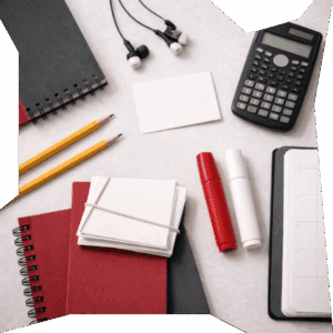 Flat-lay of education-focused supplies for youth including notebooks, pencils, highlighters, flashcards, a calculator, planner, and headphones, arranged neatly to convey academic readiness and confidence.