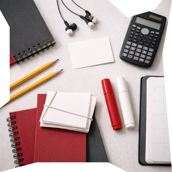 Flat-lay of education-focused supplies for youth including notebooks, pencils, highlighters, flashcards, a calculator, planner, and headphones, arranged neatly to convey academic readiness and confidence.