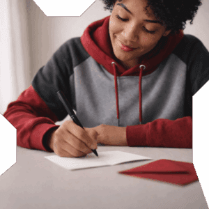 A smiling young adult seated at a desk writing an encouragement note, shown in warm natural light to represent mentorship, care, and personal support for youth.