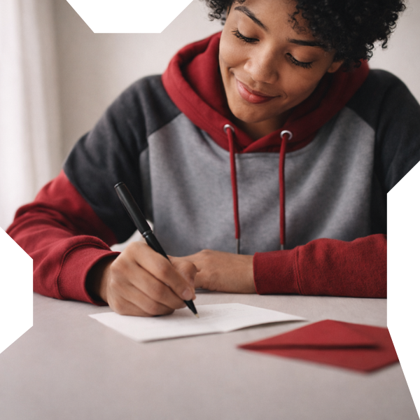 A smiling young adult seated at a desk writing an encouragement note, shown in warm natural light to represent mentorship, care, and personal support for youth.