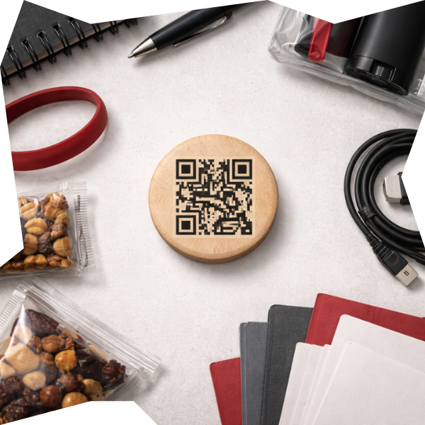 Flat-lay featuring a small wooden token with a QR code surrounded by notebooks, snacks, and essentials, symbolizing access to digital resources and ongoing support for youth.