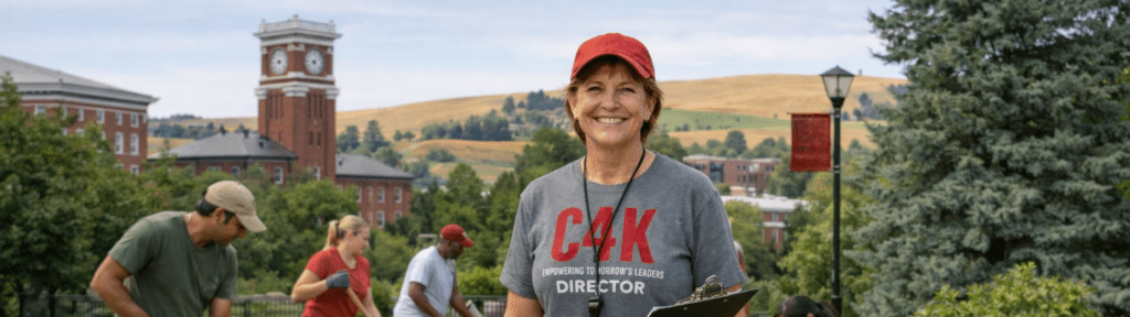 Smiling community service projects director wearing a red hat and gray C4K Director shirt holding a clipboard on the Washington State University campus with volunteers working in the background.