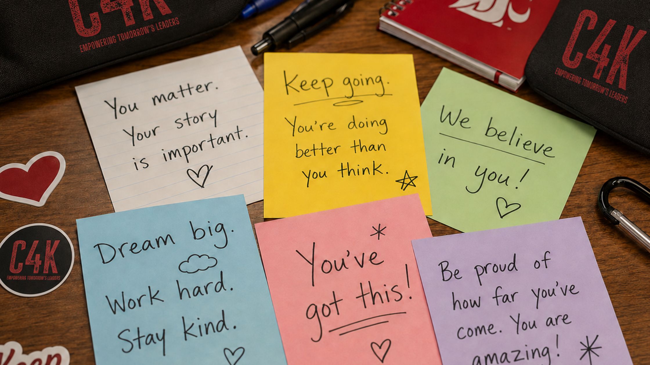 Encouragement notes for C4K MentorBoost Kits with supportive handwritten messages
