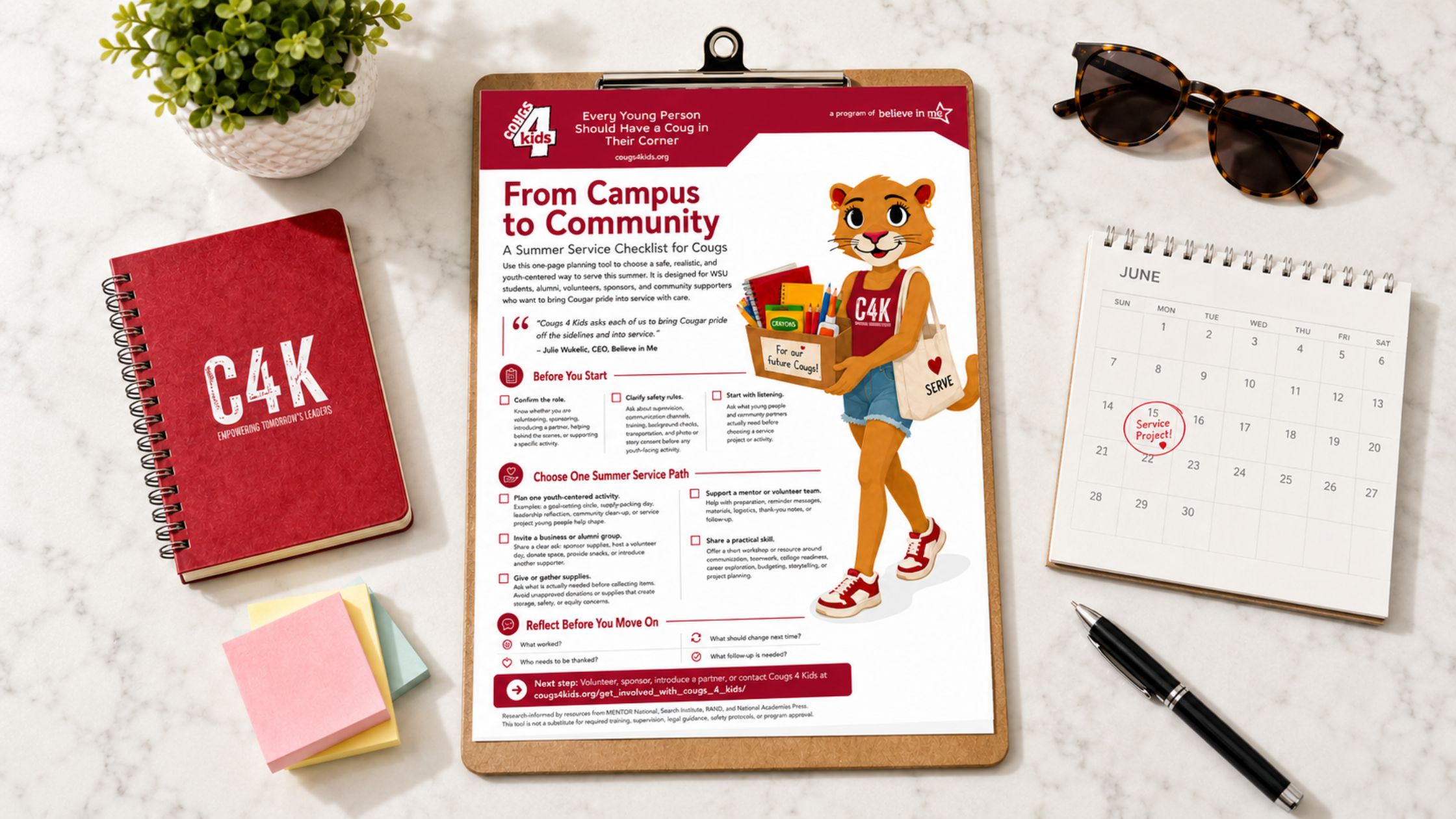 Cougs 4 Kids summer service checklist on a clipboard