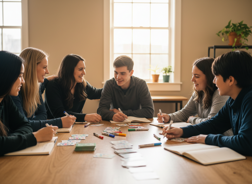 A photorealistic group of college mentors and teens planning a youth leadership activity at a workshop table.