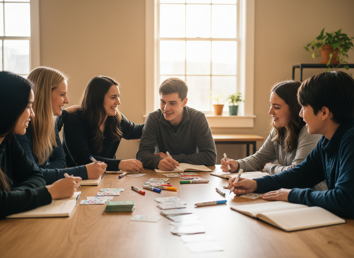A photorealistic group of college mentors and teens planning a youth leadership activity at a workshop table.