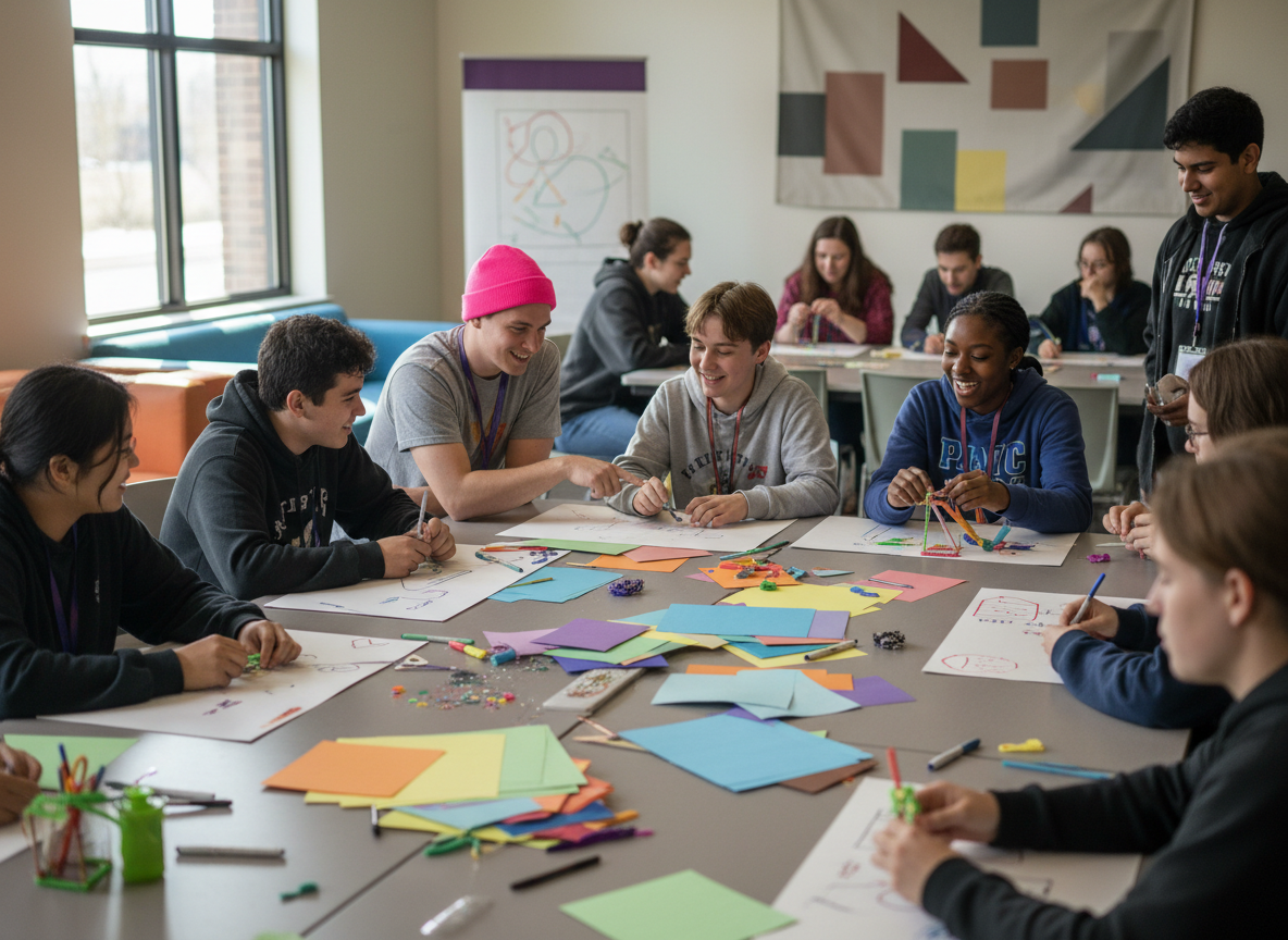 A photorealistic group of college mentors and teens collaborating at a colorful leadership workshop table.