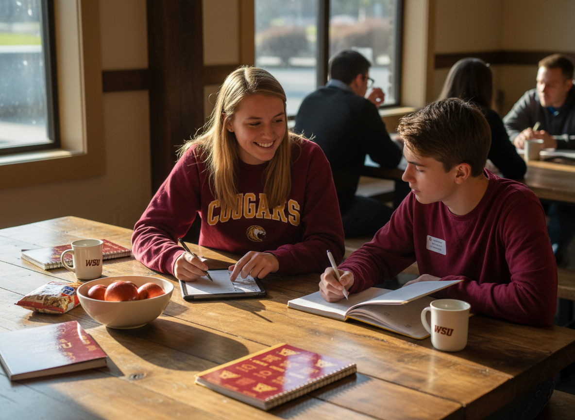 A college mentor and teen reviewing a back-to-school checklist together at a community table