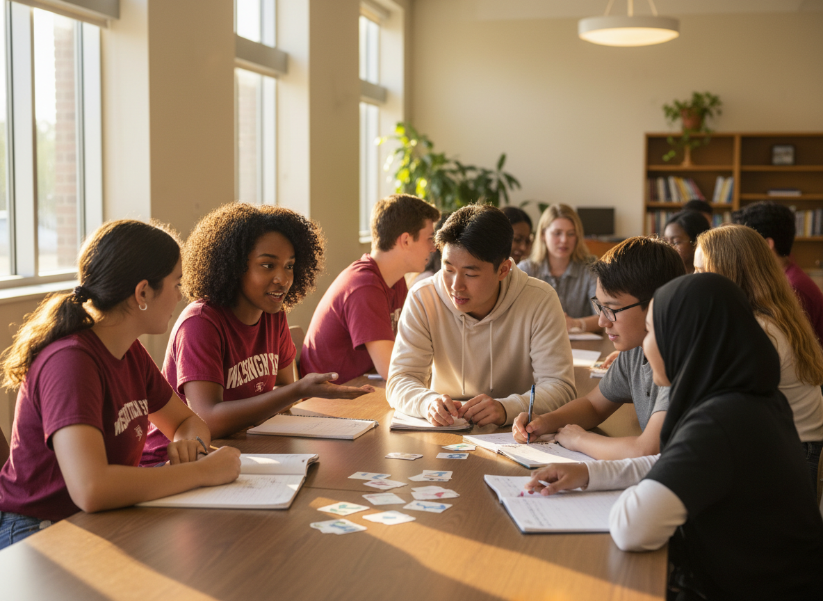 Photorealistic WSU student mentors and middle school students working together at a bright summer mentorship table.