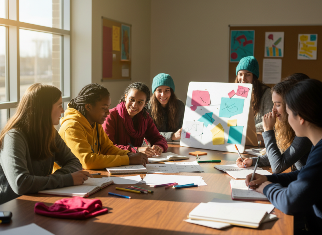 Photorealistic teens and college mentors planning a youth-led community service project.