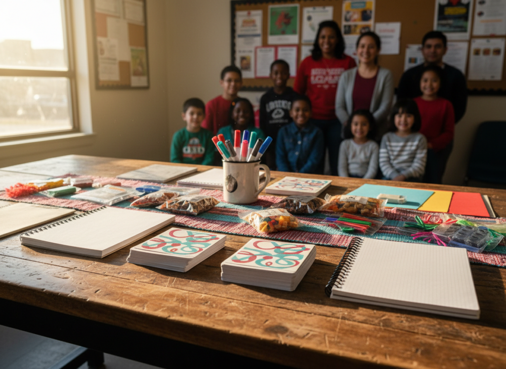 Photorealistic mentor kit with conversation cards, notebooks, art supplies, and snacks on a community table.