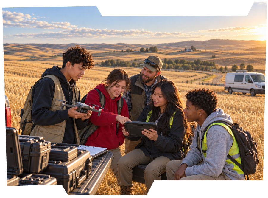 students using drone with mentor