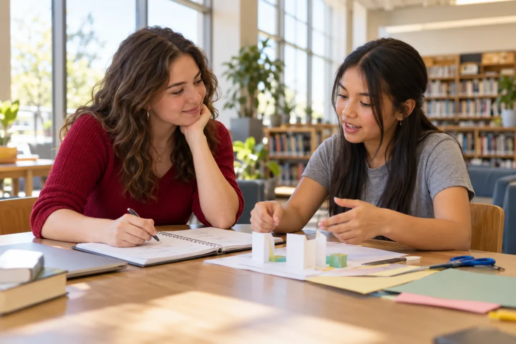 Illustration for employer matching gifts: a mentor and young person discussing a project at a library table.