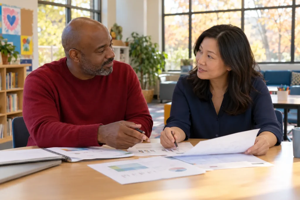 Two adults discussing a youth project budget, illustrating Cougar Impact Society giving