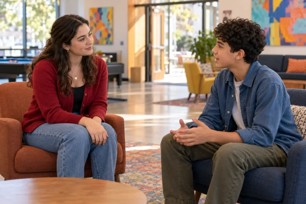 A college-age mentor listens to a teen in an open lounge, illustrating healthy mentoring boundaries