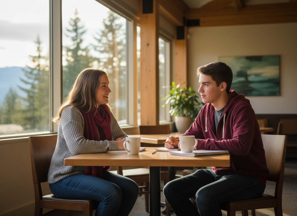 A college-age mentor and a teen having a near-peer mentoring conversation at a community center table