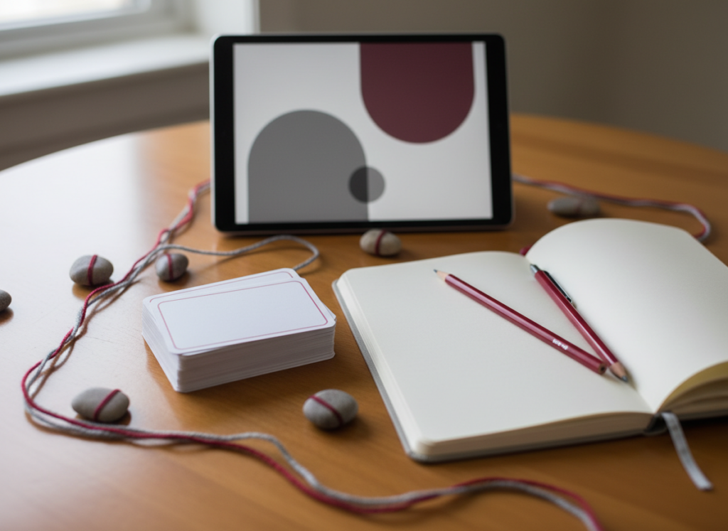 Close-up of blank mentoring conversation cards, notebook, pencils, and tablet on a table