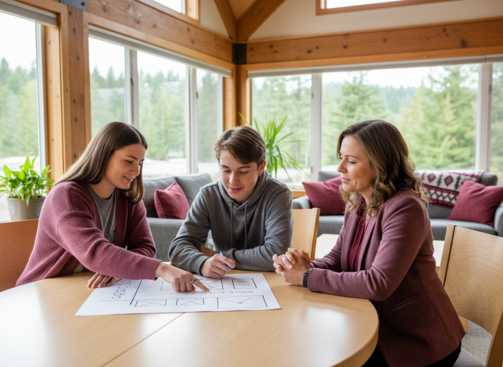 A mentor, teen, and program staff member reviewing a goal plan together in a community room