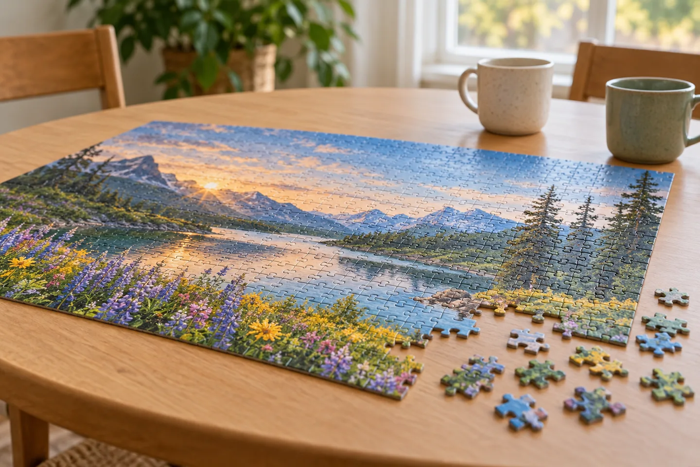 A landscape jigsaw puzzle and loose pieces on a table for a shared mentoring activity