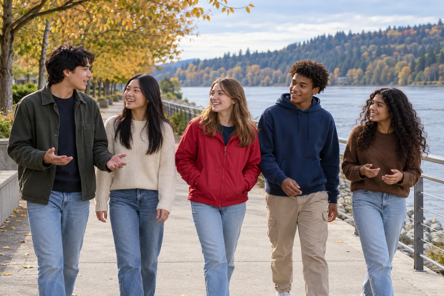 Five happy young people talk while walking along a public riverside path