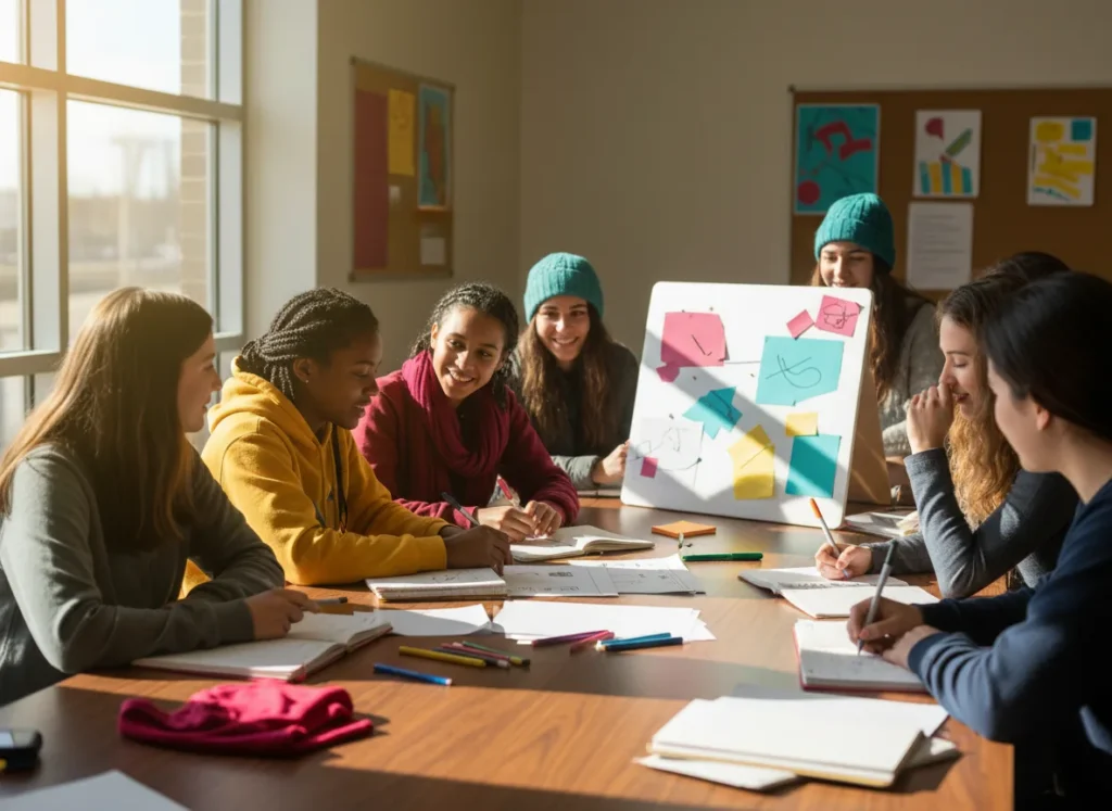 Teens discussing a community project around a table with a colorful planning board