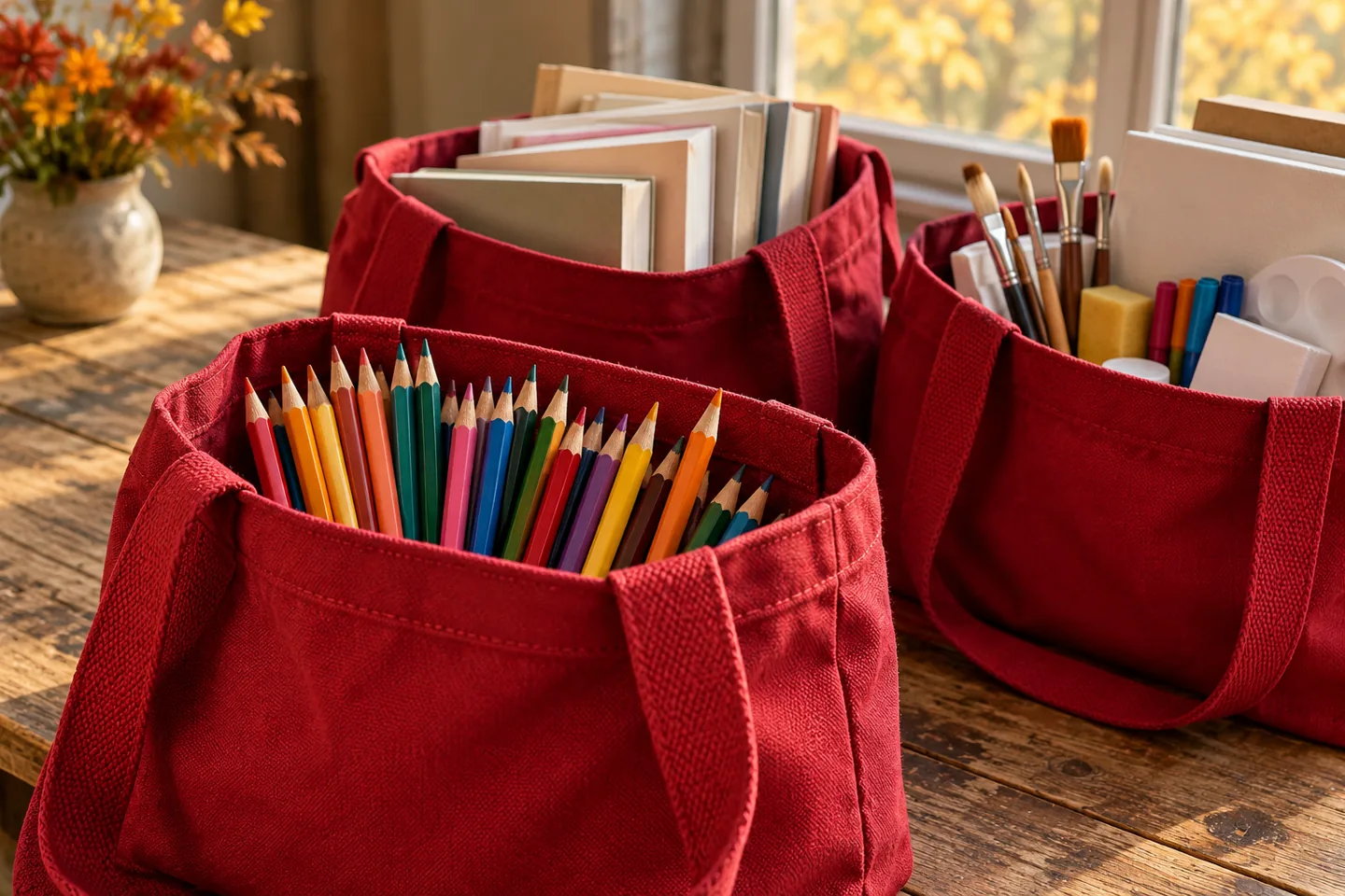 Crimson canvas totes filled with colored pencils, books and art supplies