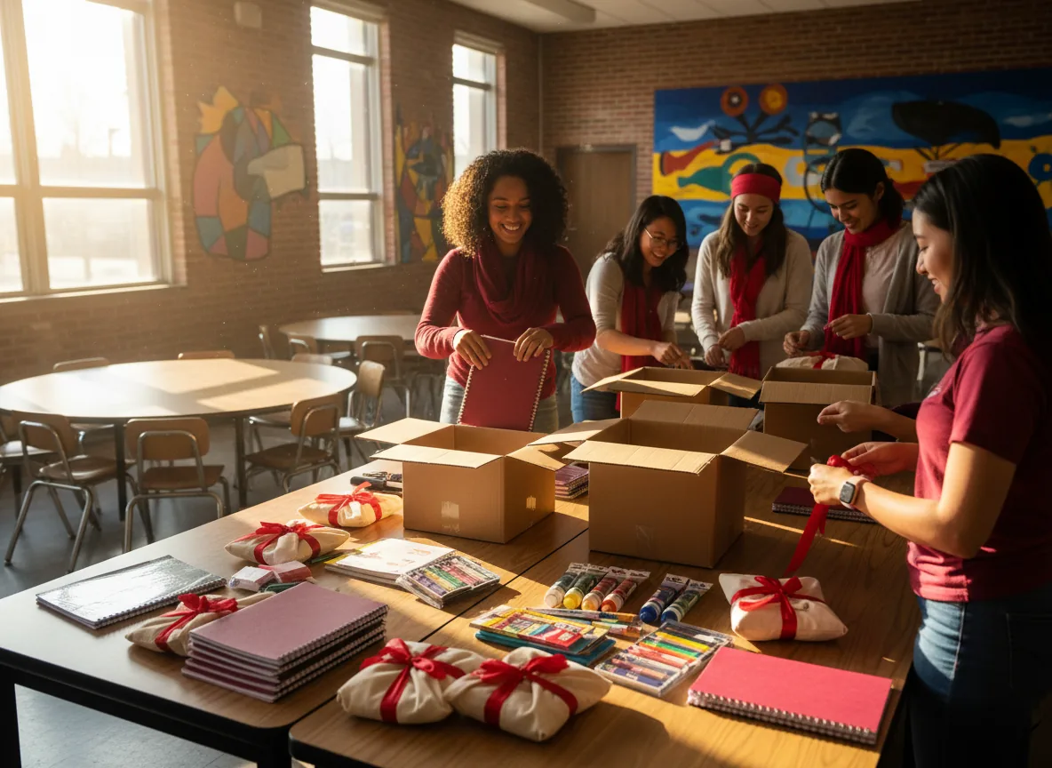 College volunteers organizing notebooks and project supplies into boxes