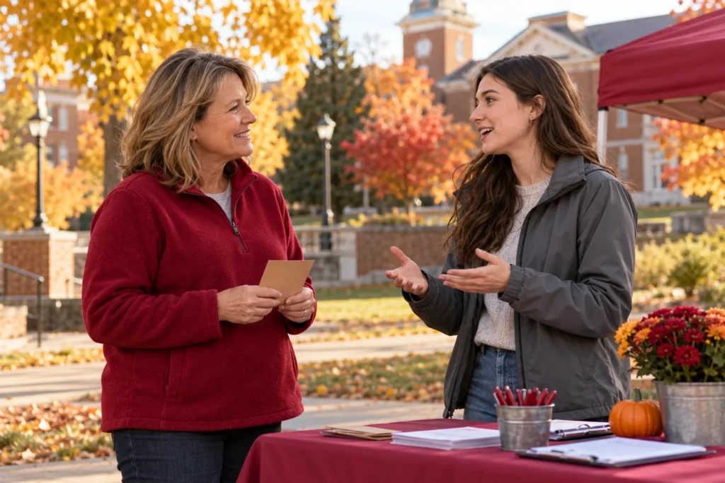WSU alumni volunteering illustration: two women discussing a service inquiry