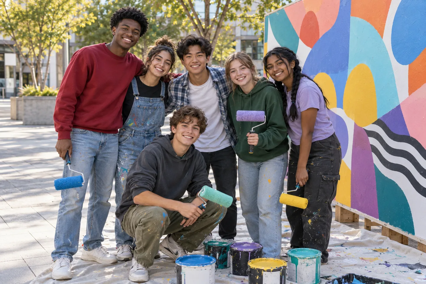 Six smiling teens beside a colorful community mural in a public plaza