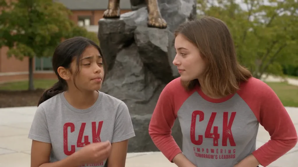 A teen in a C4K shirt speaking while a college mentor listens