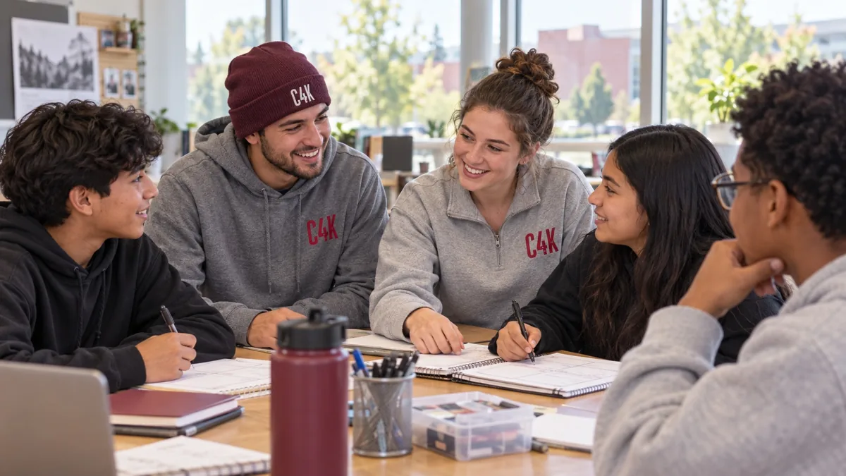 Youth mentoring in Washington: teens and mentors in C4K apparel talking around a table