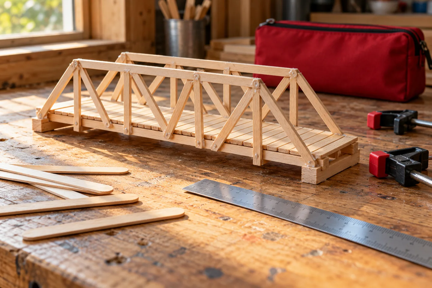A handmade wooden bridge with craft sticks, a ruler, and clamps on a workshop table