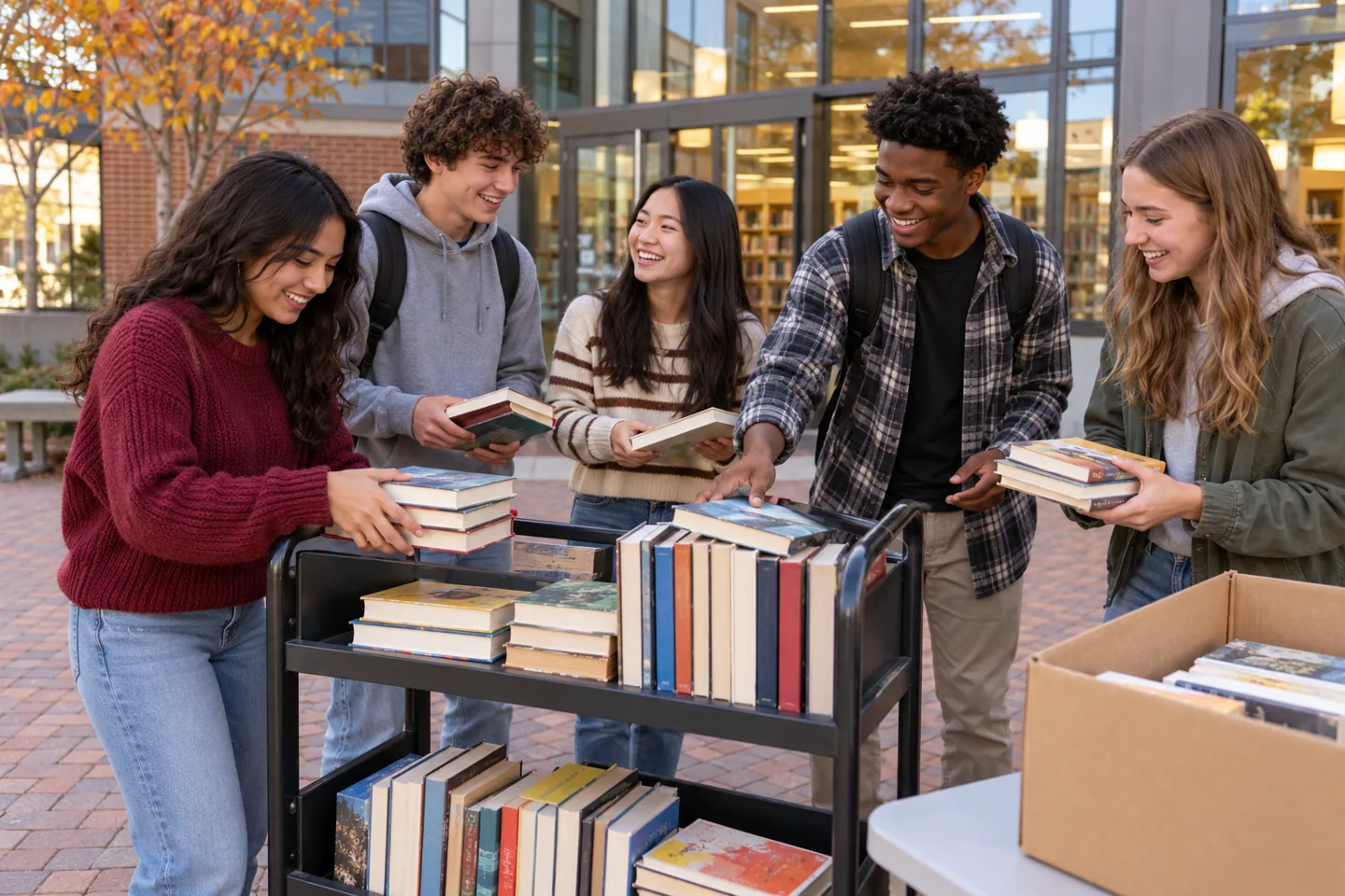Five smiling teens sorting books together in a public library courtyard